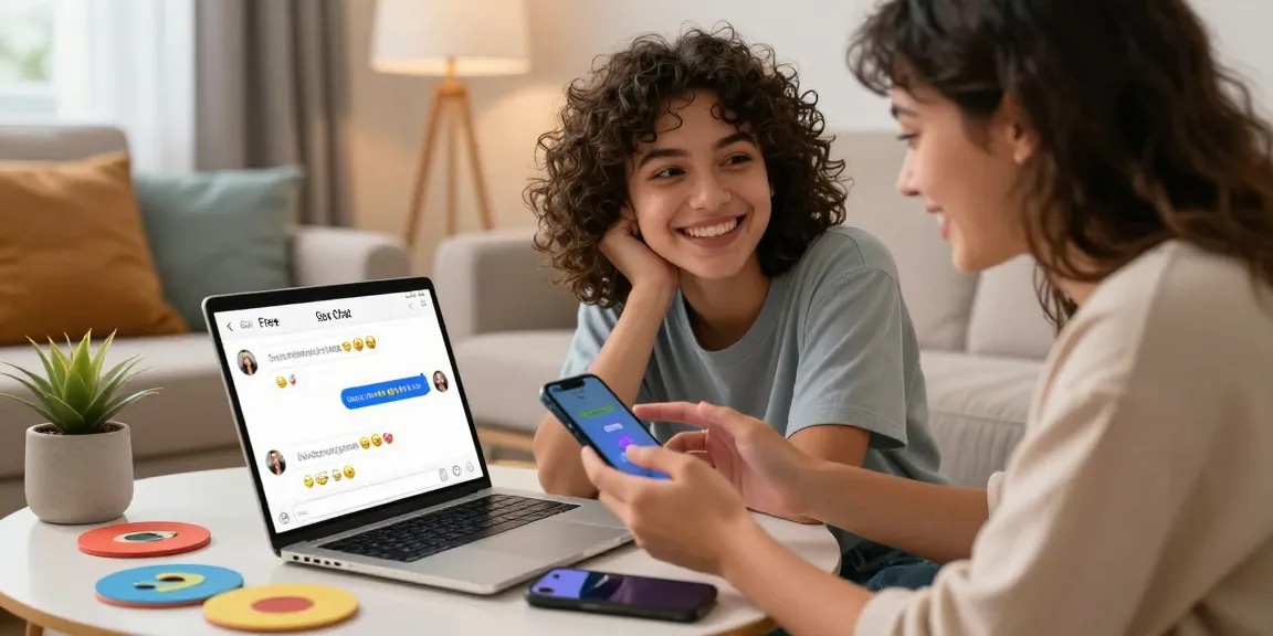 Engaging couple enjoying a free AI sex chat, smiling in a cozy, modern setting with a laptop and colorful decor.