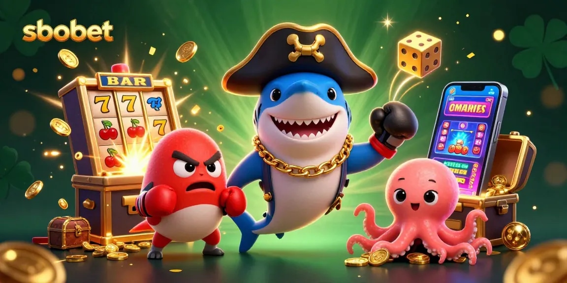SBOBET sports betting scene with pirate shark, pufferfish, and octopus celebrating winnings among slot machines and gold coins.