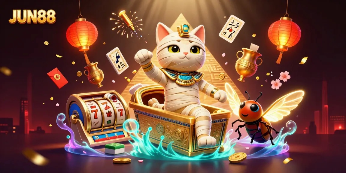Experience thrilling casino action at JUN88 with an exhilarating illustration of a mummy cat and vibrant game elements.