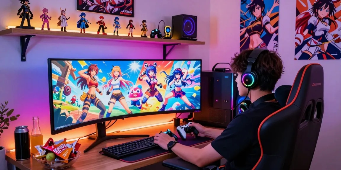 Engaged gamer playing a hentai game in a colorful gaming setup with anime-inspired decor.