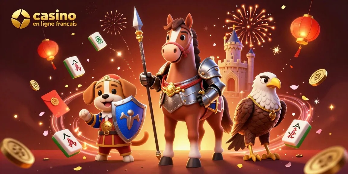 Profitez de jeux captivants sur un casino en ligne français avec un chevalier et des éléments festifs.