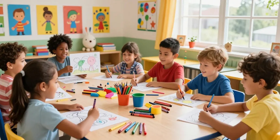 Engaging classroom scene featuring kids coloring pages for kids, showcasing creativity and collaboration.