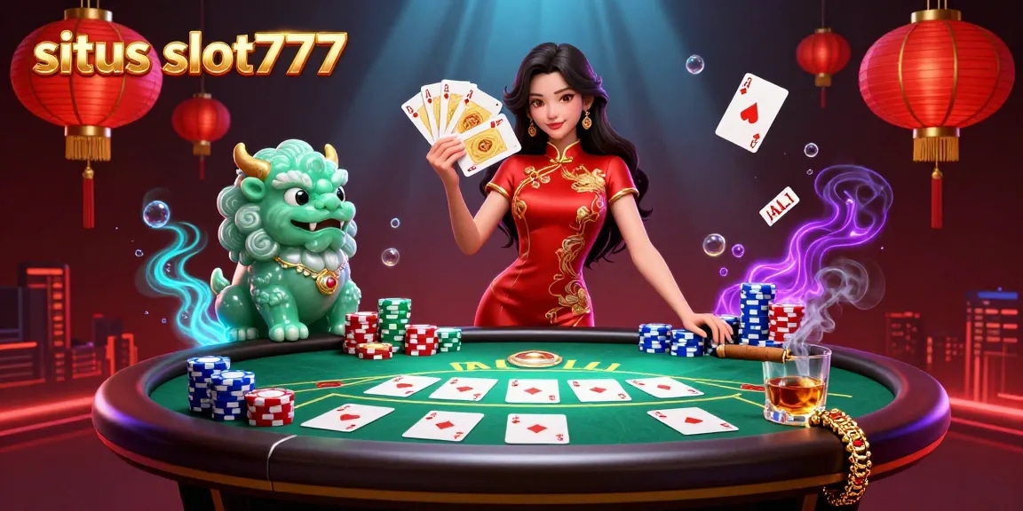 Situs slot777 showcases a vibrant casino scene with a Chinese woman, poker elements, and dynamic visuals.