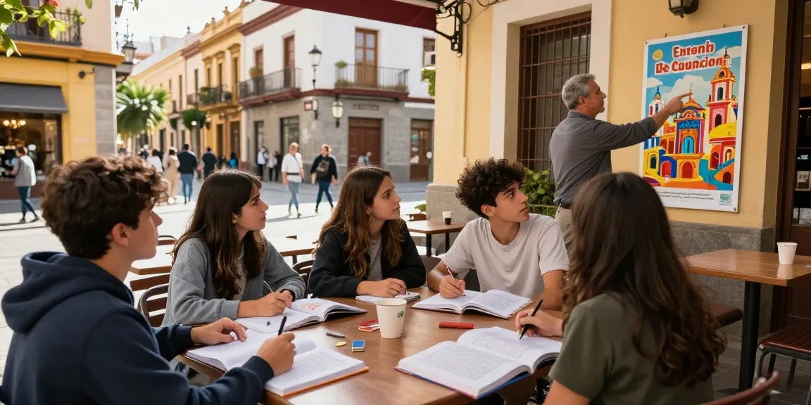 Cursos de español en España siendo estudiados por estudiantes al aire libre en un animado café de una ciudad española.