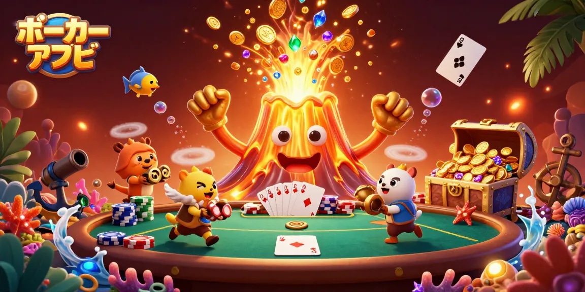 ポーカー アプリで勝利を目指し、チップの山とともに盛り上がる楽しげなキャラクターたちが描かれたイラスト。