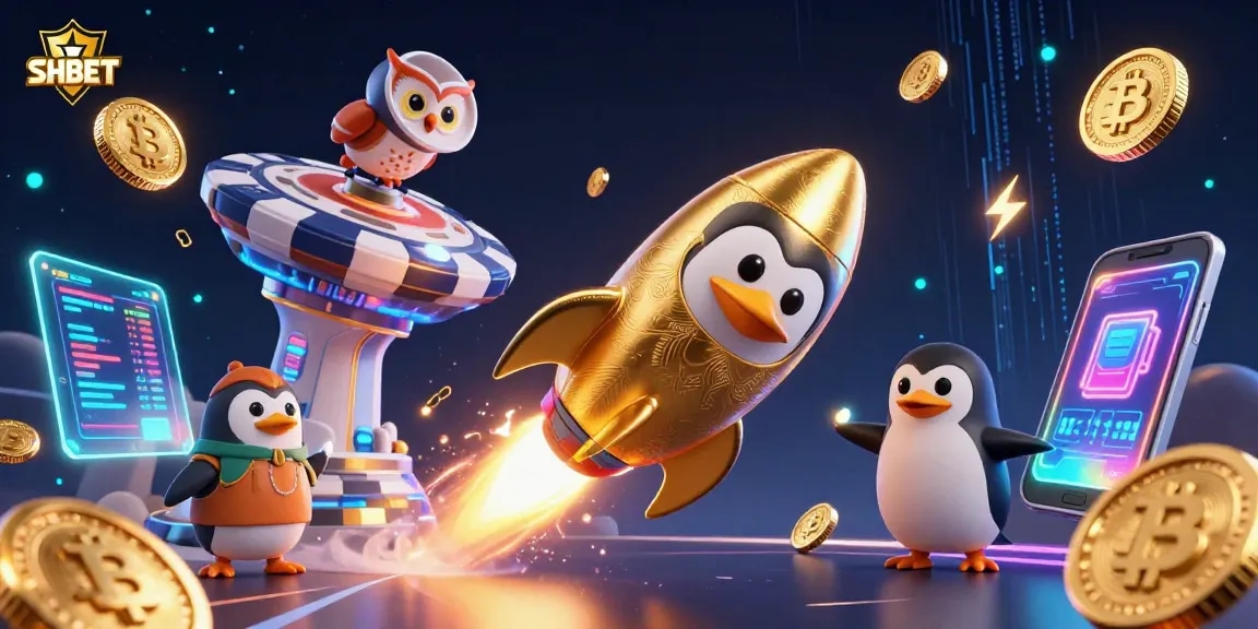Experience the excitement of SH BET with a vibrant cosmic scene featuring a rocket-powered penguin and golden coins.