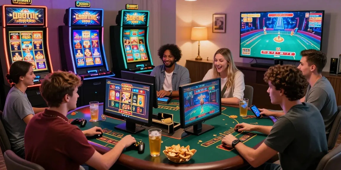 situs888 login engaging players enjoying online casino games in a cozy setting with vibrant graphics