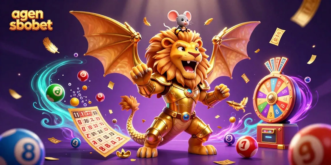 A thrilling agen sbobet adventure illustrates a golden chimera and mouse jockey amidst colorful lottery balls and vibrant casino elements.