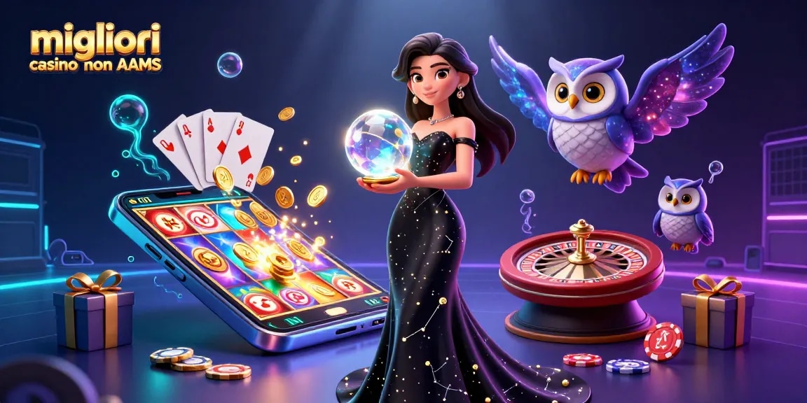 Vivi momenti emozionanti nei migliori casino non AAMS con un'illustrazione 3D a tema casino che presenta slot vibranti ed elementi di gioco.