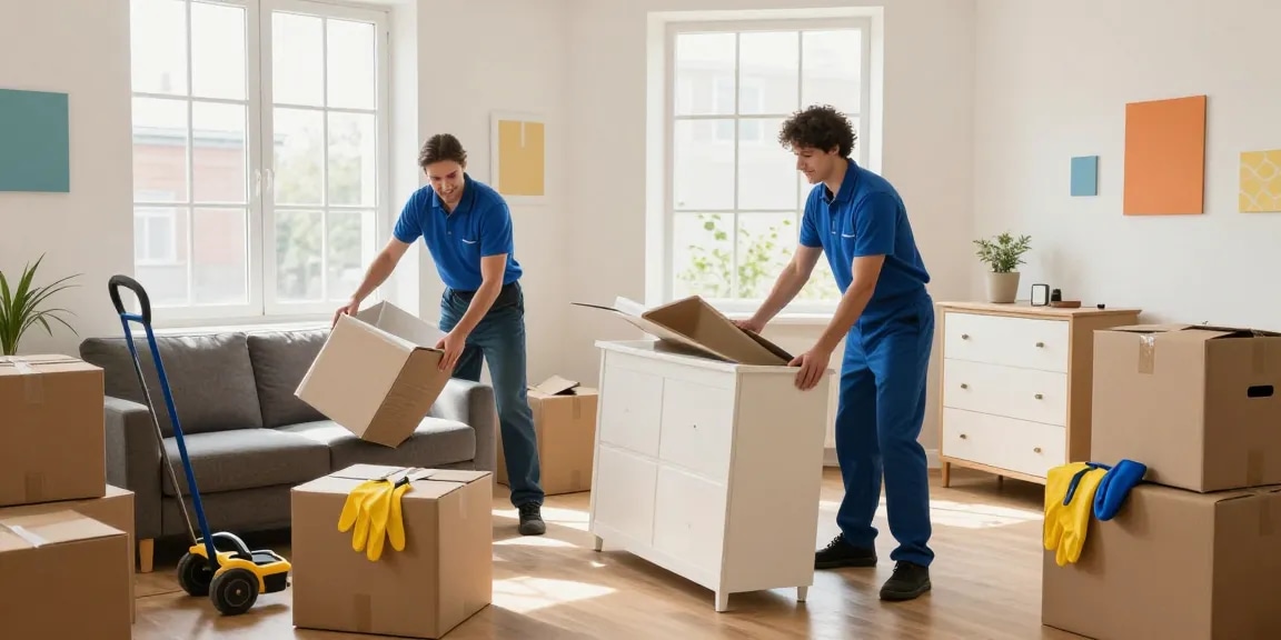 Efficient Wohnungsentrümpelung Berlin service team removing furniture in a bright apartment.