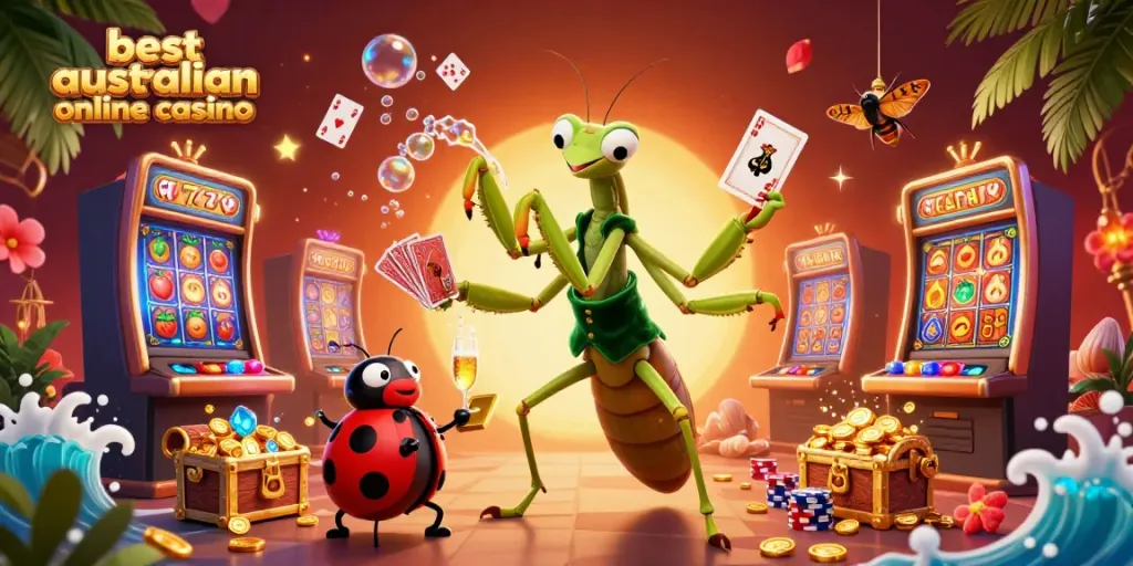 Giant card sharp in a vibrant casino scene, showcasing the best australian online casino experience.