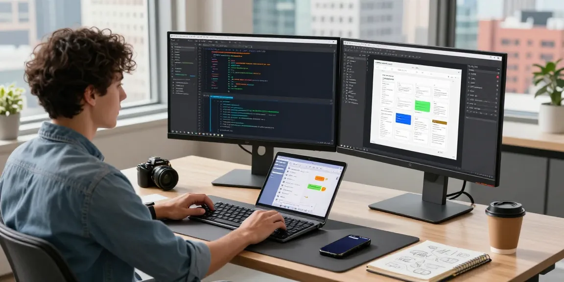 Developer using Snipaste官网 in a modern tech workspace, showcasing dual monitors and a dynamic coding environment.