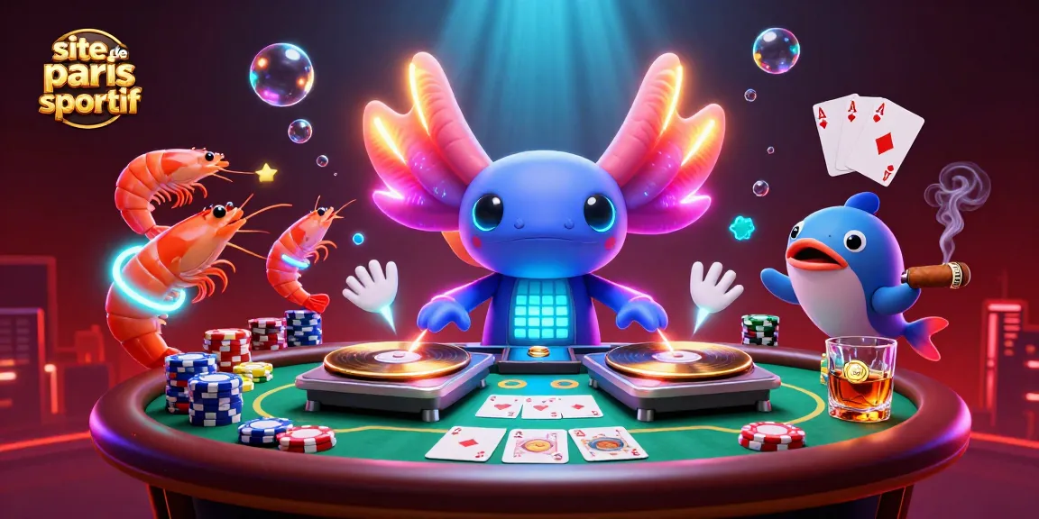 Un site de paris sportif vibrant se dévoile avec un DJ axolotl en néon et des crevettes dansantes, créant une ambiance festive.