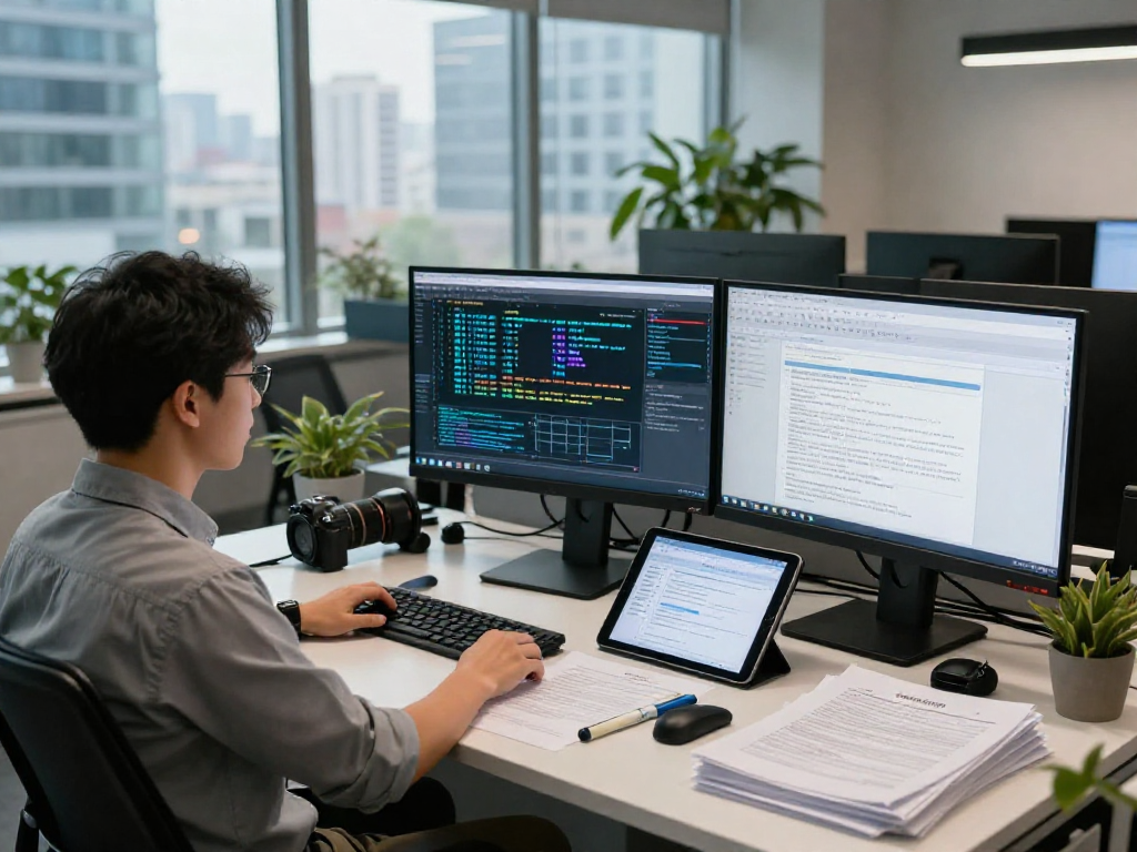 Analyst performing document fraud detection with advanced technology software in a modern office setting.