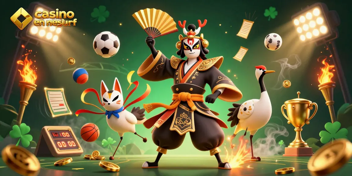 Explorez le casino en ligne Neosurf avec une scène dynamique entre un guerrier kabuki et des éléments de jeu.