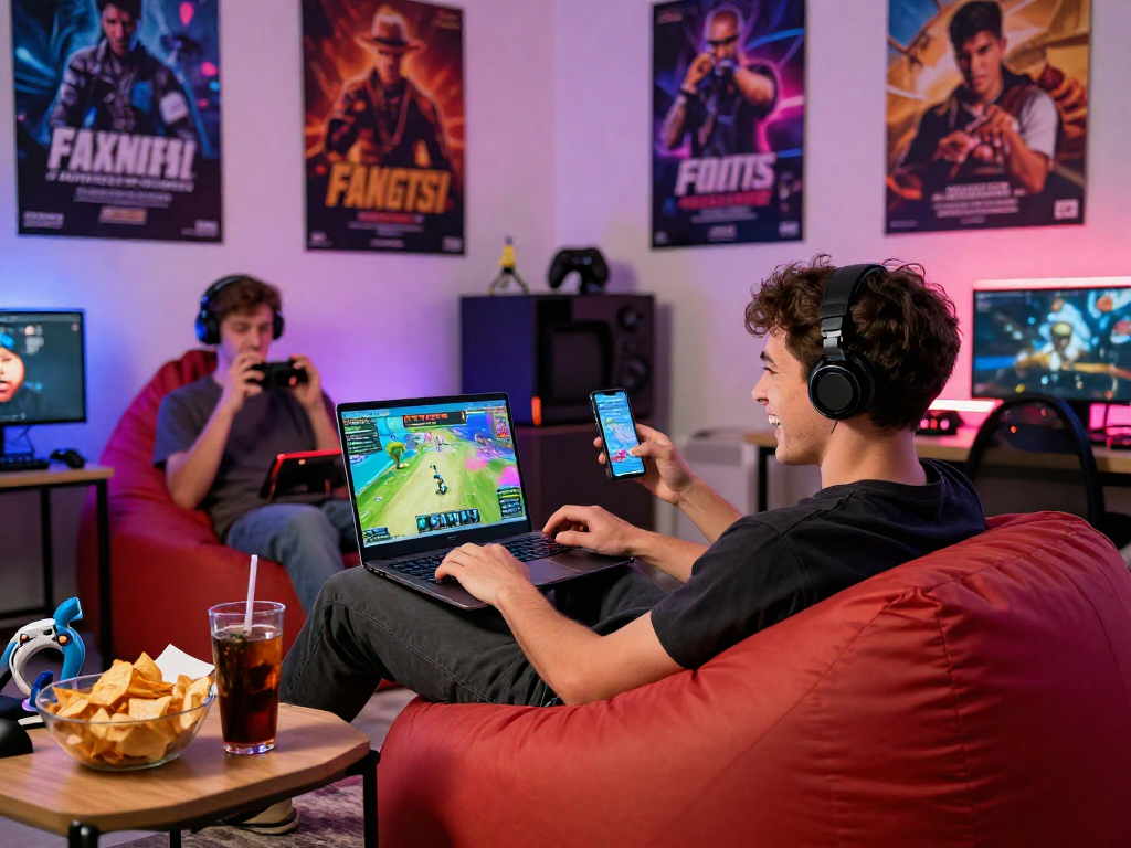 Individuals enjoying free porngames on various devices in an energetic gaming environment.