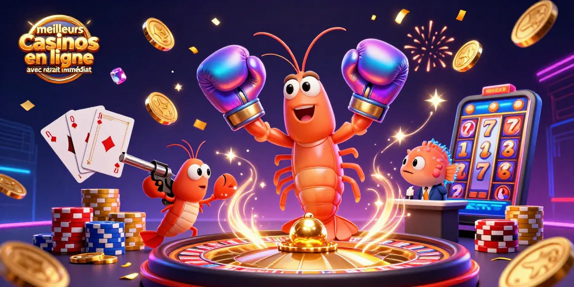 Illustration des meilleurs casinos en ligne avec retrait immédiat, montrant des personnages marins entourés de pièces d'or et de jetons de poker.