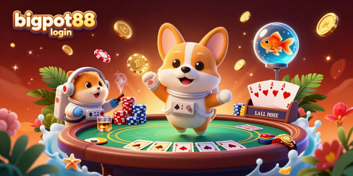 Join the adventure with bigpot88 login as the corgi floats among poker chips and cosmic chaos in a stunning casino scene.