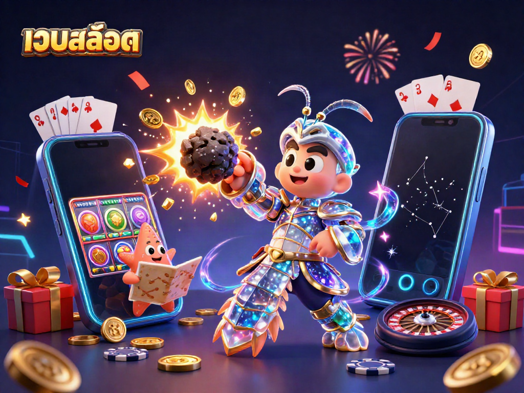 Engage with เว็บสล็อต through a vibrant 3D scene featuring a galactic samurai mantis shrimp and a starfish navigating a slot game.