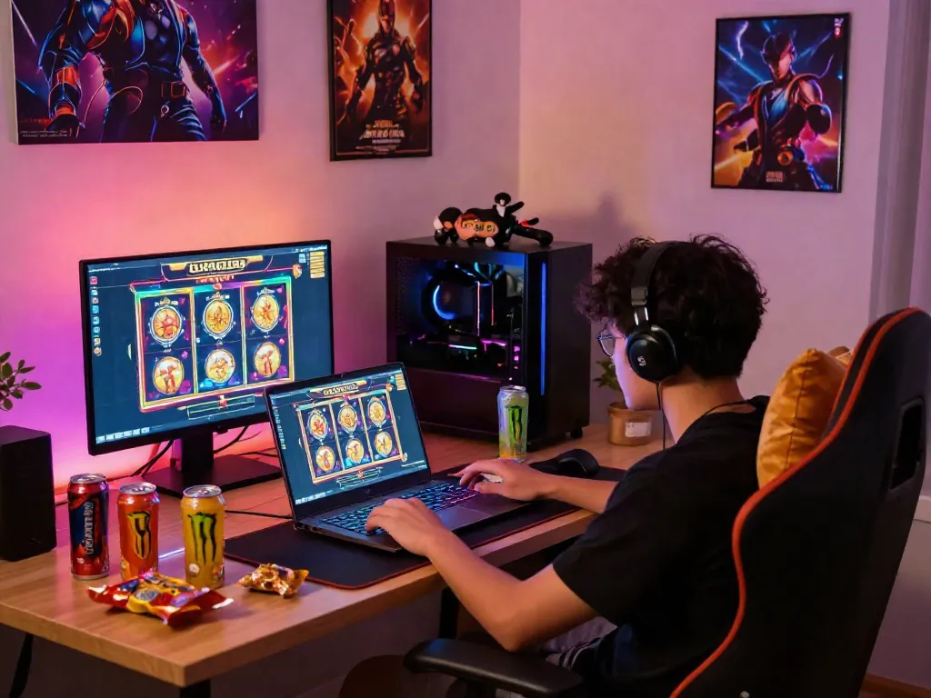 Player enjoying a slot gacor game in a vibrant gaming setup with colorful lights and snacks.