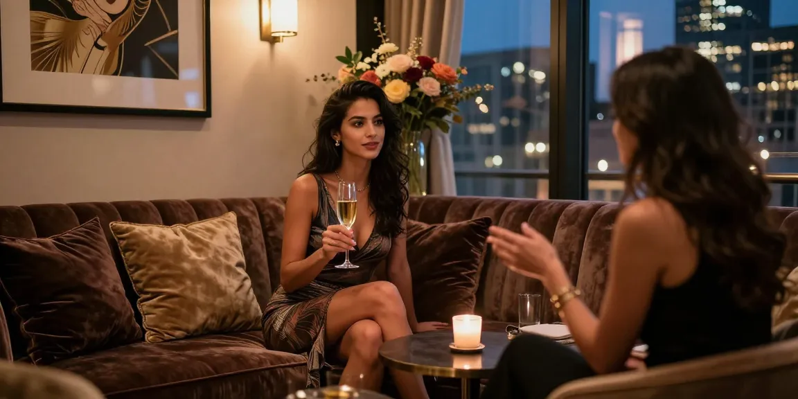 Call girls enjoying an elegant evening in a luxurious lounge.