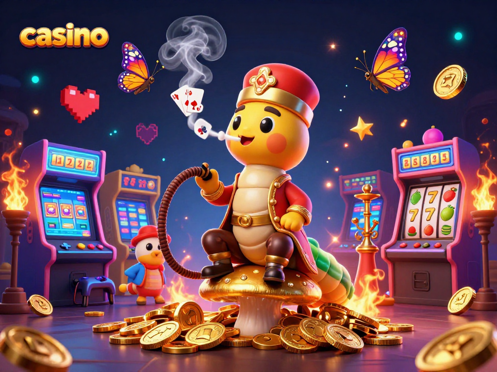 Engaging casino scene with a colorful 3D caterpillar character, slot symbols, and arcade machines.