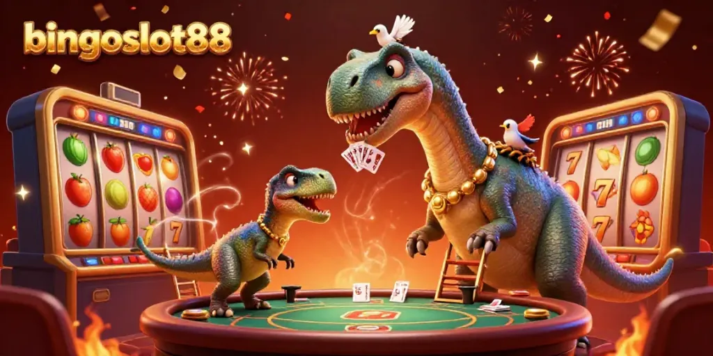 Bingoslot88 menghibur dengan ilustrasi kasino yang meriah, menampilkan dinosaurus dan raptor dalam aksi.