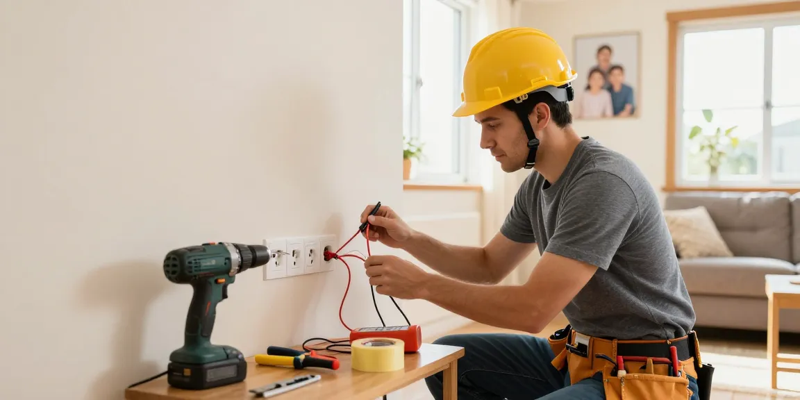 Domestic electrician checking electrical outlets in a cozy home setting, surrounded by tools and warm light.