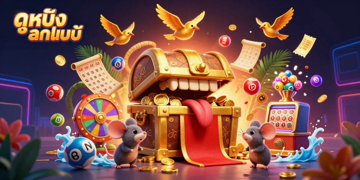 Engage with "ดูหนังออนไลน์" through a vibrant, dynamic scene filled with lottery elements, vibrant colors, and treasures.
