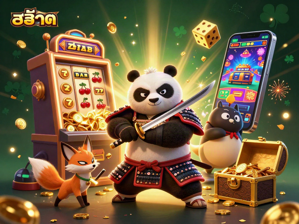 Experience thrilling slots action with สล็อต, featuring samurai panda and ninja fox in a vibrant casino scene.