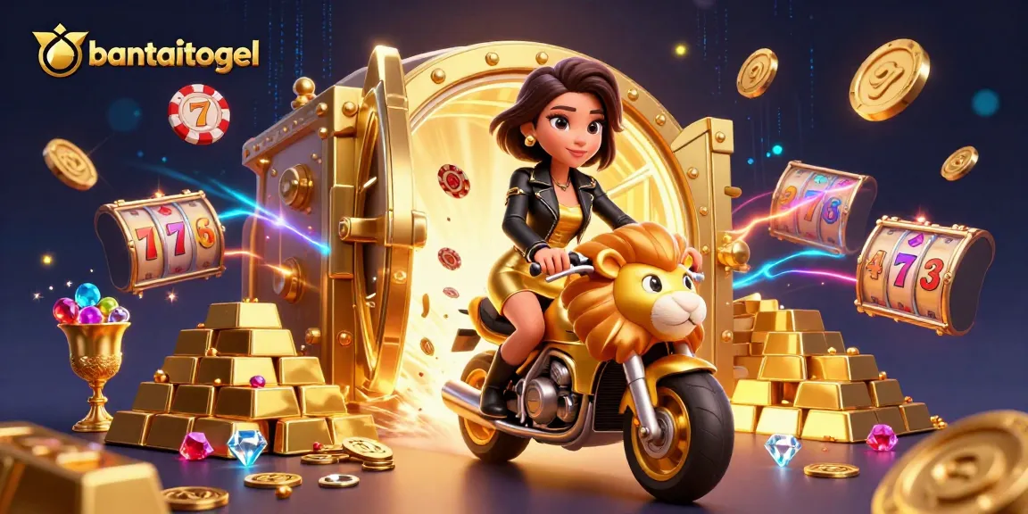 Experience winning thrills at bantaitogel with vibrant 3D illustration of an Asian woman riding a golden lion amidst slot reels.