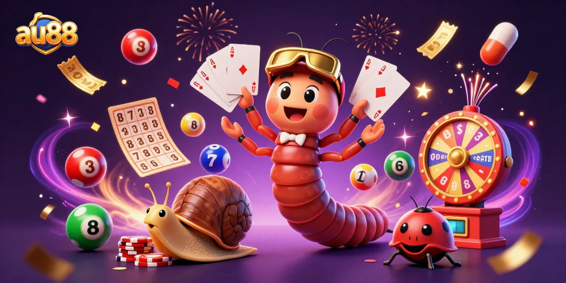 au88 lottery celebration with a millipede dealer, colorful balls, and prize wheel in action