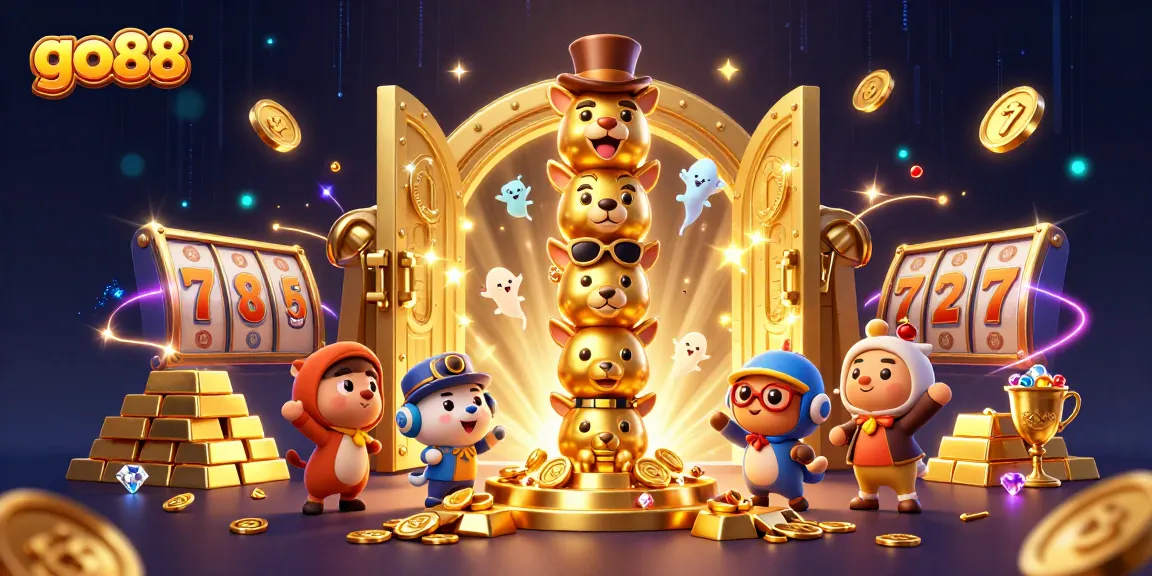 Experience the excitement of go88 slots with vibrant totem pole and golden treasures in dynamic casino scene.