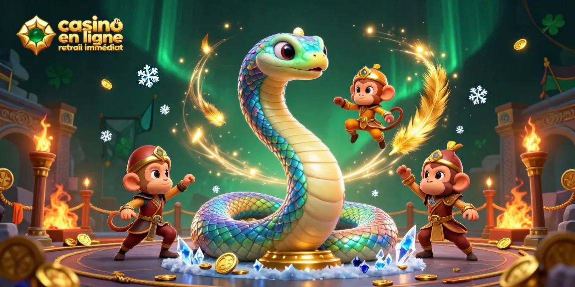 Gagnez avec des retraits immédiats au casino en ligne, illustré par un serpent et un roi singe.