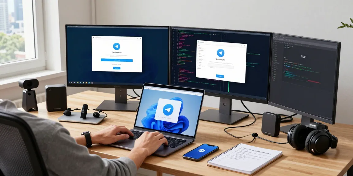 Accessing telegram china web login from a stylish tech workspace with multiple screens showcasing secure connections.