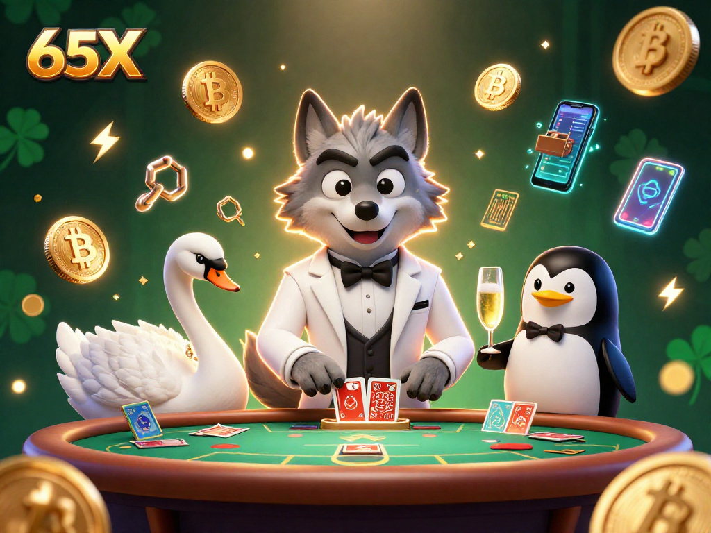 Os personagens do 65X jogam cartas em um cassino, rodeados por moedas digitais brilhantes.