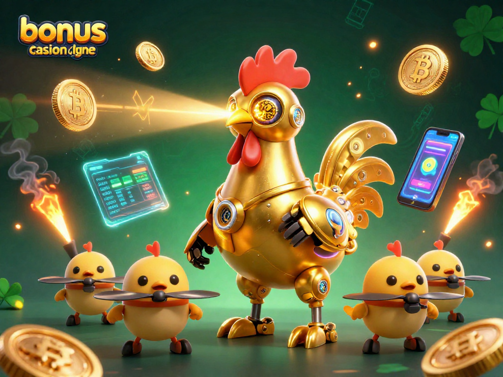 Jouer au bonus casino en ligne avec des robots et des crypto-monnaies s'illuminent dans un casino futuriste.