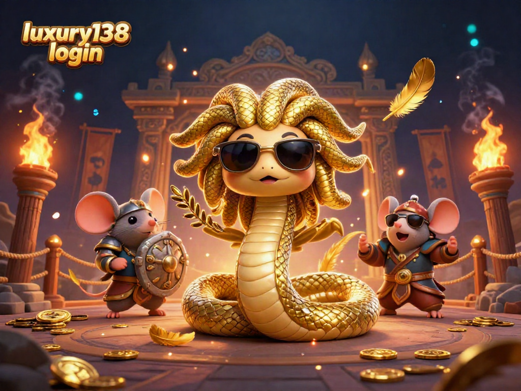 Login luxury138 dengan Medusa dan mouse pejuang di arena kasino yang megah.