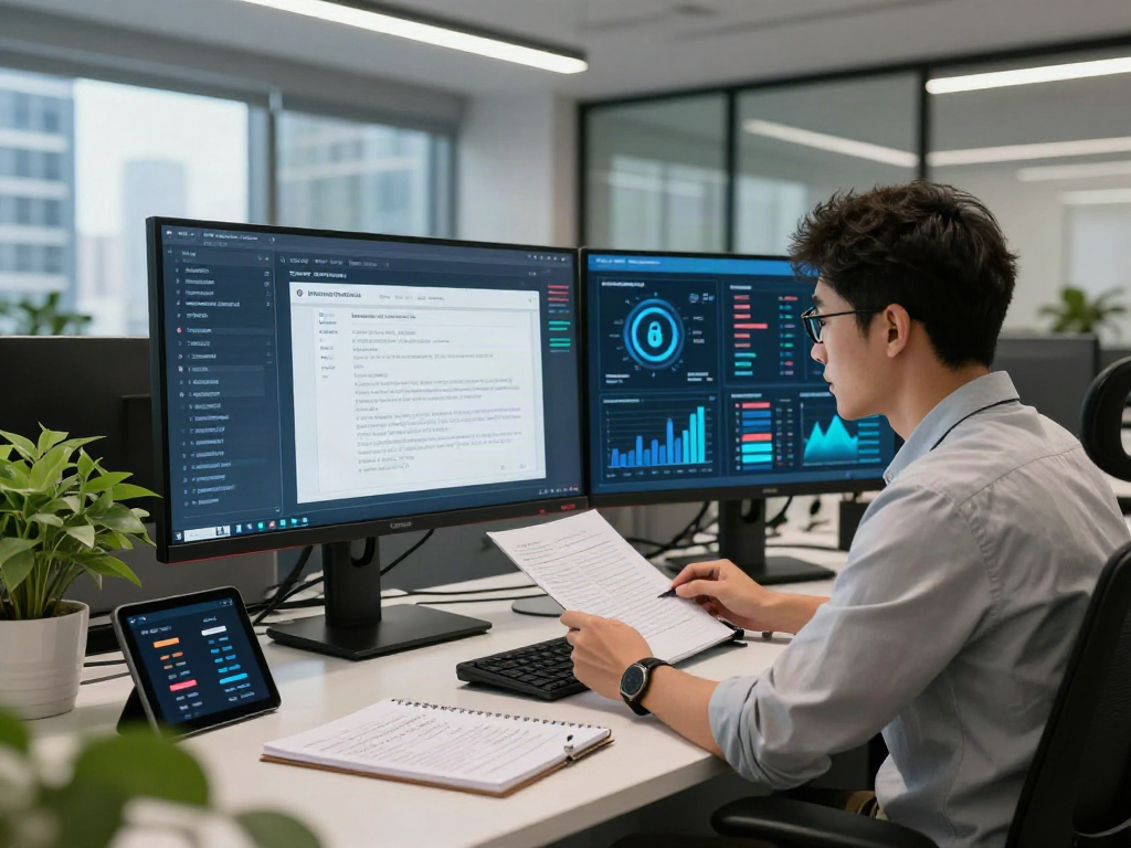 Document fraud detection solution showcased in a modern office with data analytics on screens.