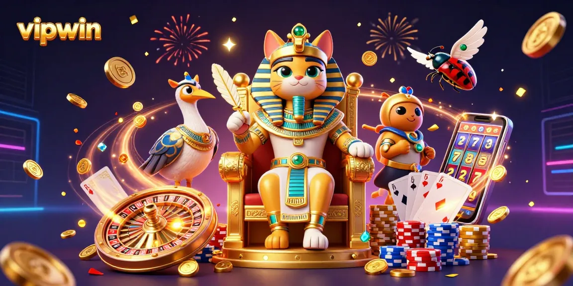 Experience the excitement of vipwin gaming with dynamic casino elements among characters and gold coins.
