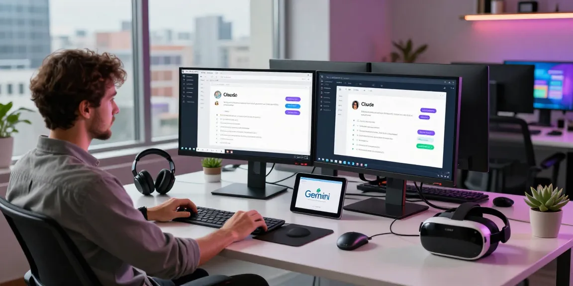 Tech professional evaluating ChatGPT alternatives in a modern workspace with vibrant AI interfaces visible on multiple screens.