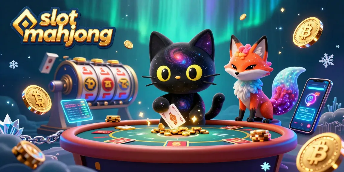 Engage with slot mahjong in a cosmic casino scene featuring a black hole cat and nebula fox.