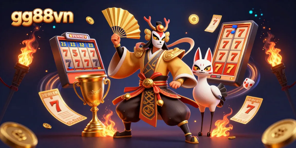 Experience exciting gaming at gg88vn with a kabuki warrior and kitsune in a vibrant casino scene.