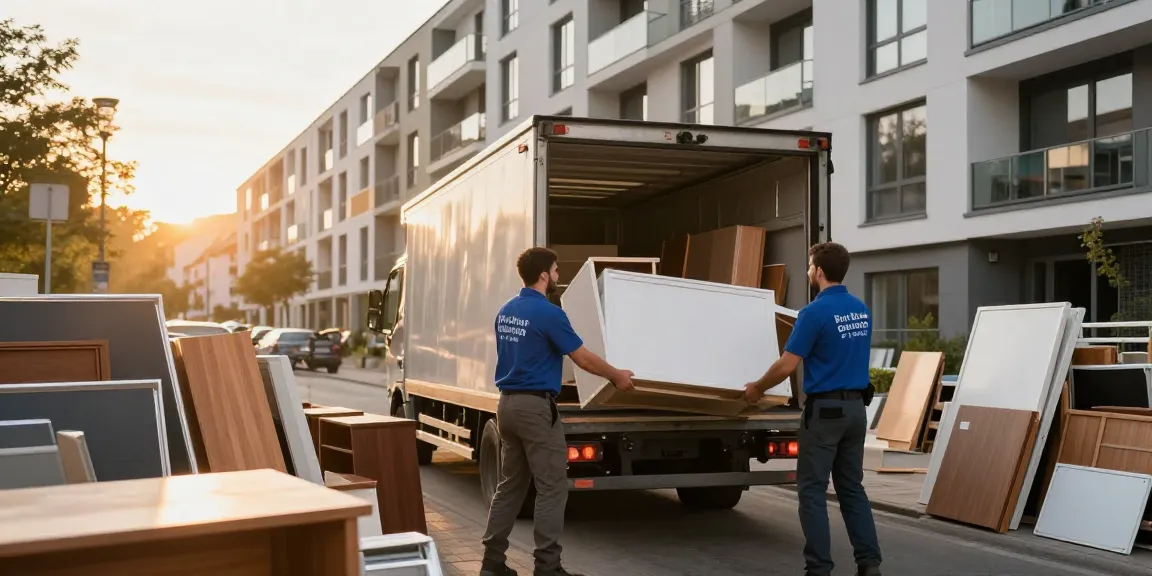 Sperrmüllabholung 80 Euro Berlin service team efficiently loading old furniture, showcasing professional decluttering.