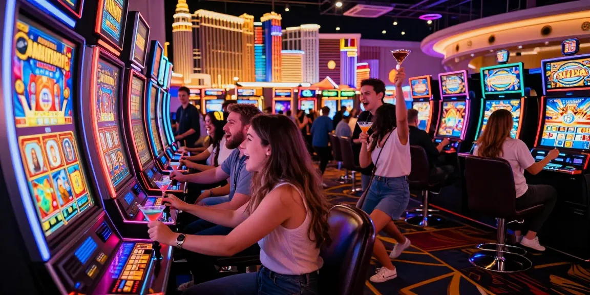 Friends cheer around a colorful slot machine in a vibrant casino atmosphere.