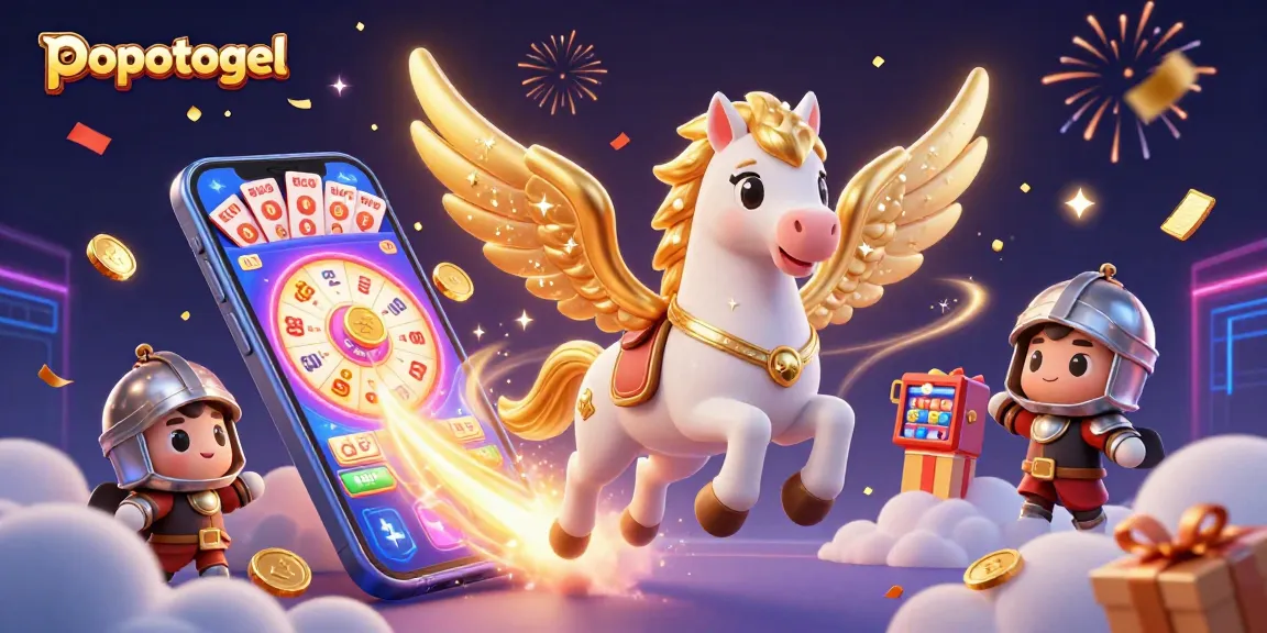 Engage with popotogel lottery excitement through a vibrant 3D cartoon scene illustrating a celestial horse and knight.