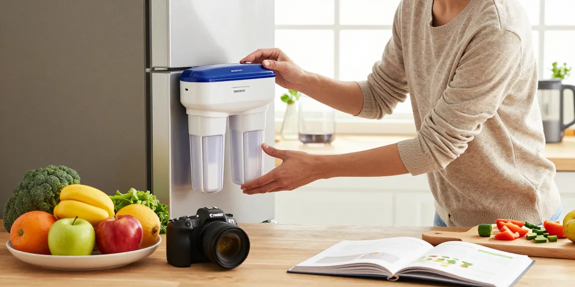 AQUACREST DW2042FR-09 Refrigerator Water Filter being installed in a modern kitchen, emphasizing healthy living and fresh ingredients.