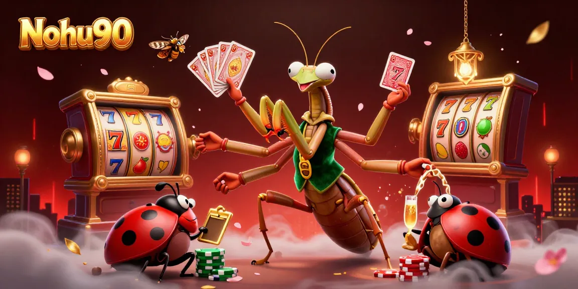 Nohu90 slots action with giant mantis, ladybug pit boss, and vibrant casino elements.