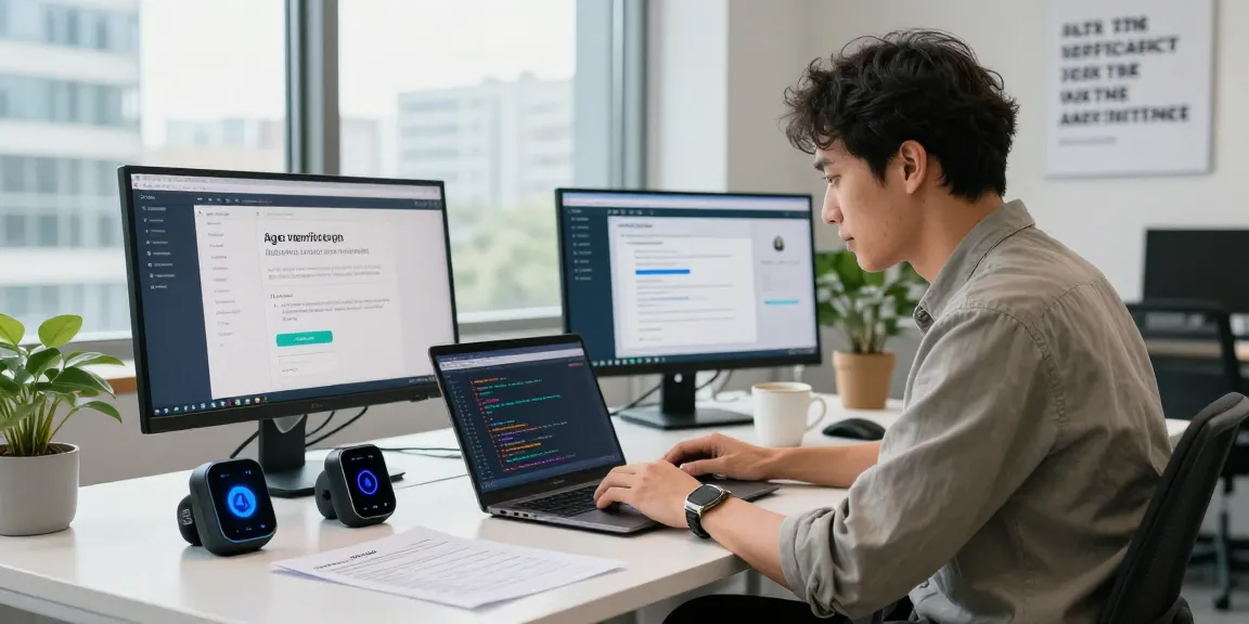 AI-powered age verification system in a modern tech workspace featuring an IT specialist integrating compliance solutions.