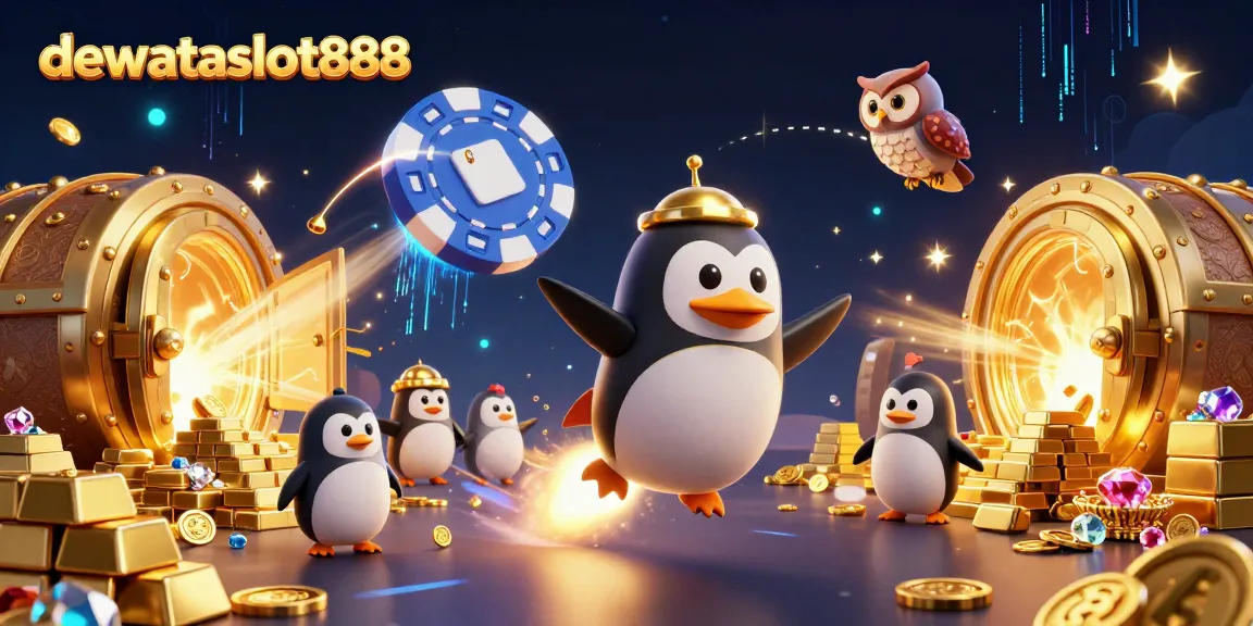 Mengamati kekayaan di dewataslot888 saat penguin emas meluncur ke luar angkasa dengan tumpukan koin dan harta di sekelilingnya.